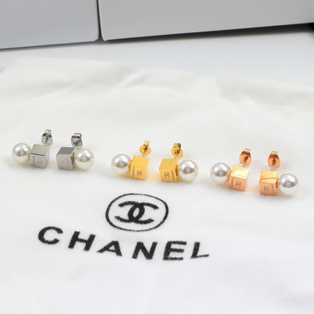 香奈儿立方体珍珠吊坠耳钉 镀18K钛钢彩金情侣饰品耳环