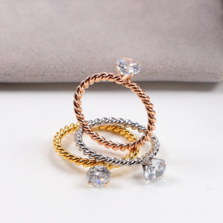 韩版简约单钻麻花镀18K玫瑰金戒指女装饰品小指环批发